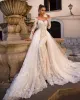Dresses 2020 New Blush Pink Sexy Mermaid Wedding Dresses Off Shoulder Lace Appliques Long Sleeves With Tulle Detachable Train Overskirt Br