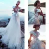 Sukienki 2020 Suknie ślubne plażowe A linia v szyja koronkowe 3D kwiatowe aplikacje bohemian sukienka ślubna czapka rękaw Sweet Train Boho vestidos de n