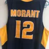 12 Ja Morant Murray State Racers كرة السلة Navy Blue Yellow White All Titched Courdeys