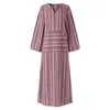 Casual Dresses Cotton Linen Blended Women Maxi Dress Retro V-Neck Striped Long Female Three Quarter Sleeve Loose Robes Longues