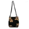 Bag Autumn Bear Printed Handbag Vintage Fleece Top-handle Travel Shoulder Clutch Youth Ladies Simple Versatile