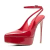 Kleiderschuhe Frauen Pointy Toe Stiletto Ferse Slingback Plattform Pumps Red Patent Leder -Knöchelgurt präzise Dame