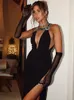Casual Dresses Women Celebrity Sexy Deep V Neck Black Beading Split Maxi Long BodyCon Bandage Dress 2024 Elegant Evening Club Party