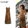 Imprimé sexy maxi dres Summer Satin sans manches sans manches bodycone élégant vneck robes de fête femelle robe de vacances WF342 240321