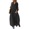 Robes décontractées robe maxi couleur solide élégante taille plus taille avec des poches de cou en V pour les femmes à la cheville respirante douce bouclée