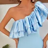 Casual Dresses High Quality Women's Sky Blue Bandage Long Dress Sexy One Shoulder Sleeveless Fashion Ruffle Edge Elegant Birthday Party