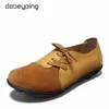 Casual Shoes Dobeyping äkta läderkvinnor Flats vår Höstkvinna Lace Up Women's Loafers Solid Female Shoe Size 35-44