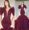 아랍어 ASO EBI Mermaid Evening Dresses Wear for Women V Neck Half Sleeves Crystal Beed Ruffles Tiered Floor Length Prom Dress PA5206908