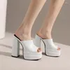 Sandals Dark Blue Pink Yellow Open Toe Slippers Womans Shoes Summer Platform Slides Mules Rectangle Block Heels Womens