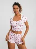 Home Clothing Women Summer Loungewear Strawberry Print Short Sleeve Square Neck T-shirt And Shorts Pajama Sets Sleepwear