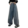 Jeans femminile unisex denim gamba vintage con tasche elastici in giro per le donne saltano streetwear pantaloni a colori solidi
