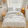 Japan Style Solid Color Bedding Set Cute Girl Ruffle Lace Pink Bed Skirt Kids Duvet Cover With Pillow Case Sheet For Women 240325