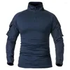 Men's T Shirts Long Sleeve Army Combat Shirt 1/4 Zipper Ripstop Cotton Military Tactical Navy Blue Camoufalge