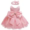 Baby Girls Księżniczka sukienka i opaska do włosów 2PCS Elegancki łuk maluch dziewczyna 1 lata urodzin impreza koronkowa suknia balowa surty dla dzieci 240325