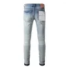 Kvinnors byxor lila varumärke högkvalitativa jeans 1: 1 2024 hipster mode smal gör gamla hål lappar små ben
