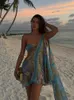 Fashion Print Twopiece Womens Swimwear Lady Chic See Through Mesh Sleeveless Coverups 2024 Sexy Holiday Beach Bikinis Dress 240327