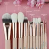 Beili Pink 12st Rose Golden Natural Goat Hair Premium Foundation Eye Shadow Blush Powder Highlighter Concealer Makeup Brush Set 240327