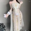 BHs setzt chinesische Stil Hanfu sexy Dessous Mesh Halter Spitze Blumen Langkleid Anime Cosplay Uniform High Split Bühnen Kostüme Babypuppe