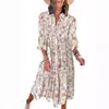 2024 Casual Loose Long Sleeved Vneck Womens Bohemian Flower Flowing Aline Dress 240403