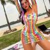 Genom genomskinlig transparent strandkläder ihålig bodysuit bikini cover ups regnbåge baddräkt fisknät tank toppar kvinnor mesh klänning