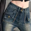 Damesjeans klinknagel wijd uitlopende vrouw magere pocket patchwork denim broek ladie slanke mujer mode bling laars gesneden broek push omhoog hoge girs