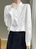 Kadın Bluzları İlkbahar ve Yaz Çin tarzı ipek pürüzsüz saten gömlek Durgun Boyun Koyu çiçek uzun kollu düz renkli üst