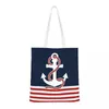 Sacs à provisions Stripes nautiques personnalisées et arme rouge Sac Femmes Femmes durables Épicerie Sailing Sailor