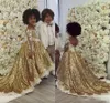 Sleeves Sequins Long Gold Flower Girls' Dresses Illusion Jewel Neck Lace Applique Custom Made Little Girl Princess Birthday Party Gown