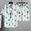 Men's Tracksuits Tropical Leaves Print Outfit Hawaiian Style Shirt Shorts Set With Lapel Collar Drawstring Waist For Summer