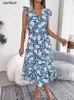여름 플로럴 미디 드레스 여성을위한 여름 꽃 미디 드레스 캐주얼 슬리빙 러플 홀리데이 해변 드레스 패션 흰색 v 넥, 2023 240321