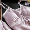 Vêtements à domicile 2pcs Femmes Rayon Nightwear Satin Pajamas Set Casual Sexy Lace Trim Loungewear Habots Pyjamas Cami Topshorts Sleepingwear