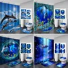 Duş Perdeleri 3D Baskı Okyanus Deniz Yunus Mavi Su Geçirmez Kumaş Perde Banyo Seti Sıkı Kıvrımlı Halı Tuvalet Kapak Banyo Mat
