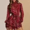 Casual Dresses 2024 Elegant Ladies Pleated Ruffled Mini Dress Autumn Long Sleeve Slim midja midja Cake Fashion Stand-up Collar Floral