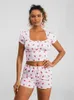 Home Clothing Women Summer Loungewear Strawberry Print Short Sleeve Square Neck T-shirt And Shorts Pajama Sets Sleepwear