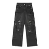 Jeans da lavoro multi tascabile funzionali, buchi per lavata di punk maschile, pantaloni a gamba a gamba dritta di nicchia