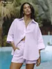 Damen -Trainingsanzüge klassischer lässig locker lila Baumwollshorts Sets für Frauen 2 Stücke elegantes Langarmhemd mit hoher Taille weiblich