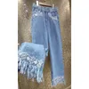 Dames jeans dames solide kleur luxe high-end zware industrie kralen pailletten bloemen rechte tassel denim broek vrouwelijke kleding