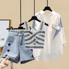 Patchwork à rayures Spring Summer Blouse de chemise blanche Love Denim Shorts Personnalité Gitre trois pièces Elegant Womens Shorts Set 240325