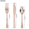 Conjuntos de roupas de cama 18pcs Gold rosa Plástico Plástico Disponível de mesa de sobremesa Facas Forks Spoon Casamento Festas de decoração de decoração de talheres Conjunto de talheres