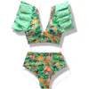 2023 Sexy High Waist Bikini Ensemble de maillots de bain à volants Femmes Swimsuit Print Floral Dots Vneck Beach Wear Bathing ChutS Biquini 240327