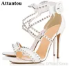 Sandals Fashion Silvery Rivet Cross Straps Women Thin High Heel Beauty White Leather Summer Party Shoes