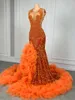 Party Dresses Sparkly paljett Long Prom 2024 High Slit Orange Ruffle Luxury Crystal Beaded Black Girls sjöjungfruklänningar