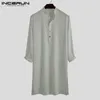 INCERUN Men Muslim Shirt Stand Collar Long Sleeve Islamic Arab Kaftan Solid Color Streetwear Casual Long Shirts Men Clothing 5XL 240329