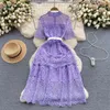 Grundläggande avslappnade klänningar 2024 Runway Women Vintage Sexig ihålig spetsklänningar o-hals elegant kort ärm broderi blomma ruffles midi party klänning sommar