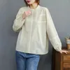 Blusas femininas outono algodão camisa sólida feminina o-pescoço tops tops menina de manga longa solta olhota