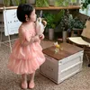 Корейская девочка -малыша Sling Sunress Summer Lumpbow Lablebled Baby Princess Dress Speed Plome Bubble Kind Girls Lantern 240322