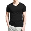 Ny herrkort ärm T-shirt lycra bomullsfast färg Slim Korean tight runda v-ringningsbottens sommar