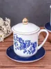 Mugs Ceramic Cup Blue and White Lid Plate Set Conference Room Tea Sales Gold Border Bone Porcelain