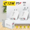 18W PD Charger Dual USB Quick Charger USB QC3.0 Typ C Wall Charger 12W US/EU/UK Plug Wall Adapter för iPhone 14 Mobiltelefon