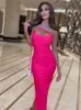 Rose Red Midi Bandage Dress for Women Elegant Strap BodyCon Evening Party Dresses Summer Sexy Split Birthday Club Outfits 2023 240327